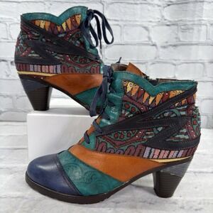 SOCOFY Bohemian Splicing Pattern Ankle Boots 39 US 8 Block Zipper Art To Wear